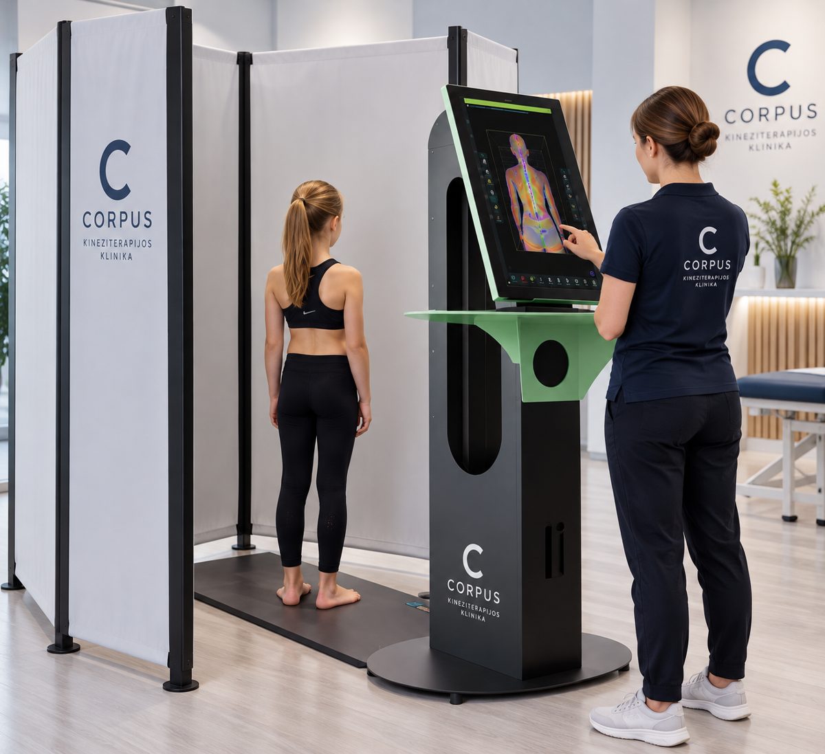 Specialistė valdo Spine 3D skenerį, vaikas stovi nugara į kamerą Corpus Clinic patalpose